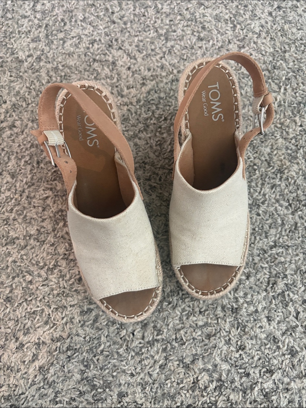 TOMS Canvas Open-Toe Espadrille Wedges in Beige and Tan
